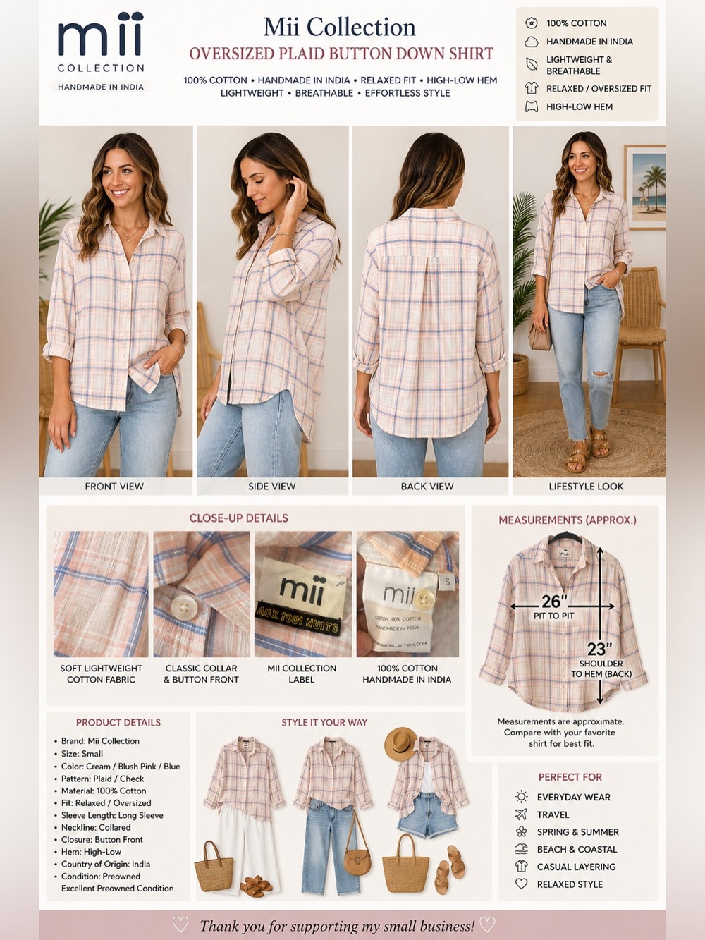Mii Collection Women’s S Oversized Plaid Cotton Button Down Shirt High Low India